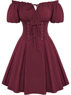 Women Wine Red Renaissance Costume Corset Dress Mini Off Shoulder Fairy Dresses